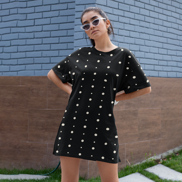 Elegant Black Polka Dots Long T-shirt Dress